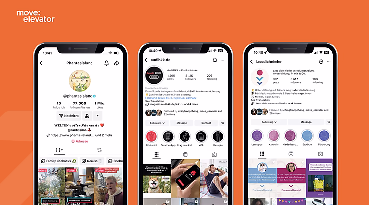 Drei Smartphone-Bildschirme zeigen verschiedene Instagram-Profile mit Follower-Zahlen und Themen.