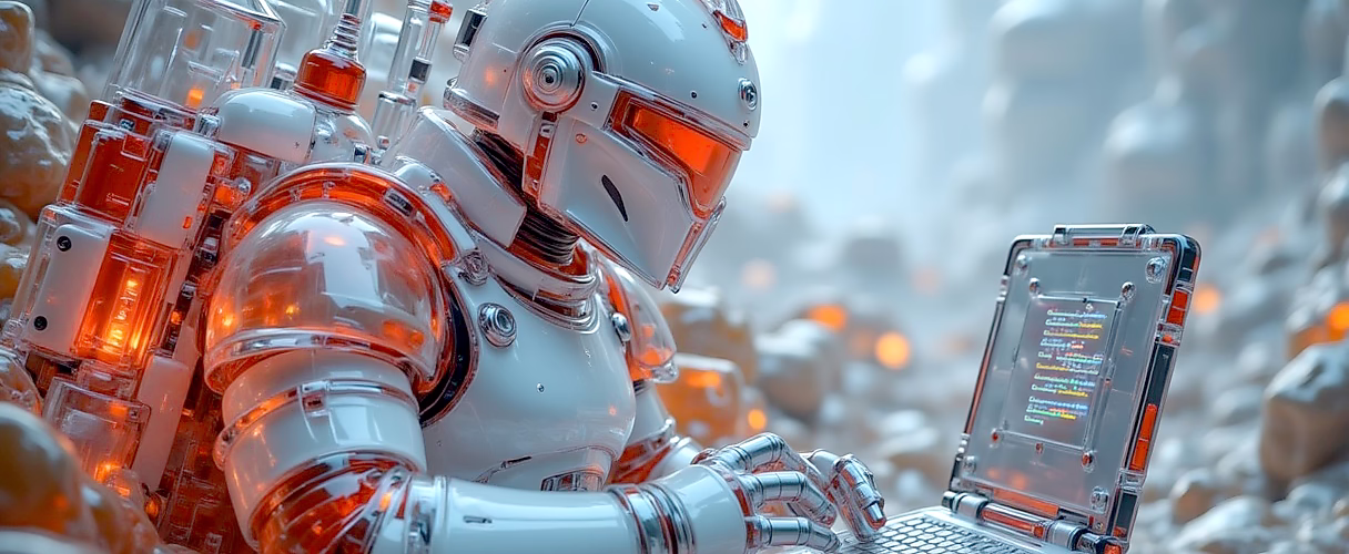 Ein futuristischer Roboter sitzt in einer felsigen Umgebung und tippt auf einem Laptop. Leuchtende orangefarbene Akzente sind sichtbar.